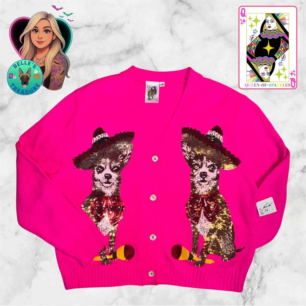Queen of Sparkles Pink Chihuahua Sequin Cardigan Sweater‎ Sombrero Maraca Small